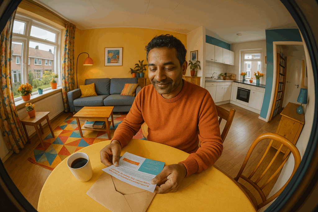 Inwoner leest een flyer over vroegsignalering