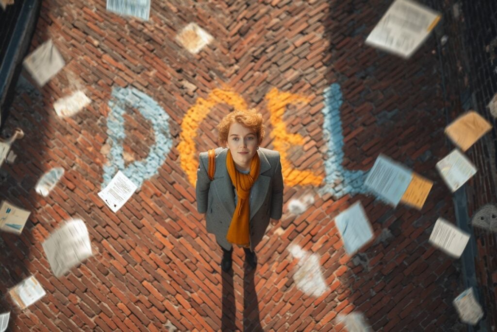 Beleidsadviseur op straat woord DOEL geschreven papier vliegt rond