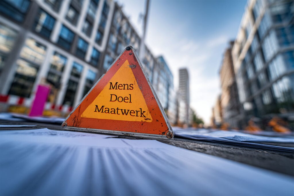 Driehoekig waarschuwingsbord met de tekst ‘Mens Doel Maatwerk’ in een stedelijke bouwomgeving