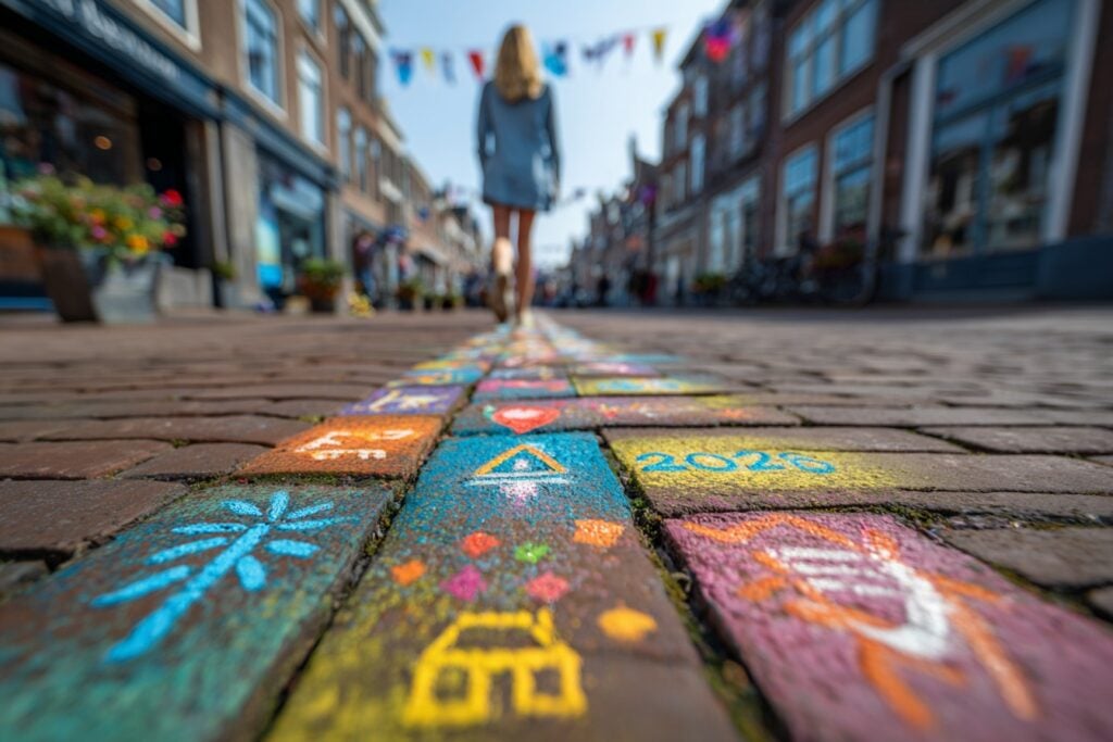 Een vrouw loopt over een Nederlandse straat met kleurrijke krijttekeningen die het jaaroverzicht van 2025 symboliseren, terwijl zij richting 2026 loopt.