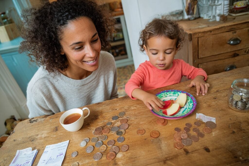Moeder en dochter tellen spaargeld aan keukentafel, schulden, armoede, sparen