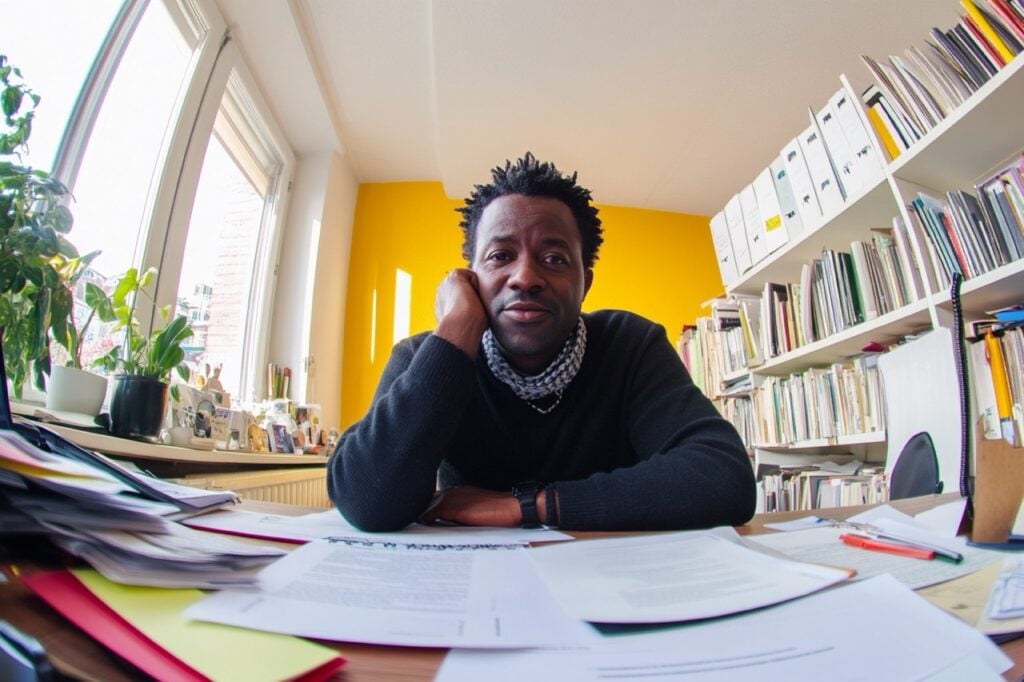 Man met stapel papieren