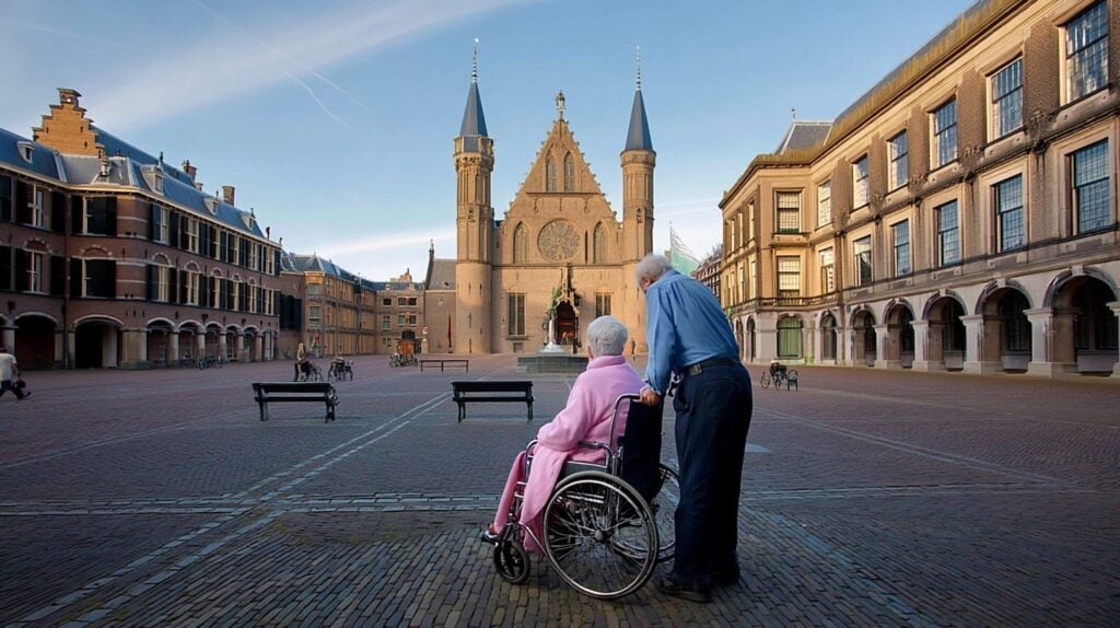 Ouder echtpaar op de binnenhof in Den Haag, prinsjesdag, politiek
