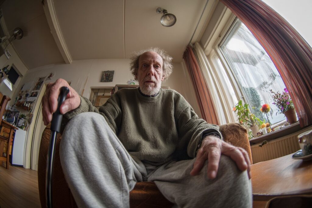 Oudere man met wandelstok in een woonkamer