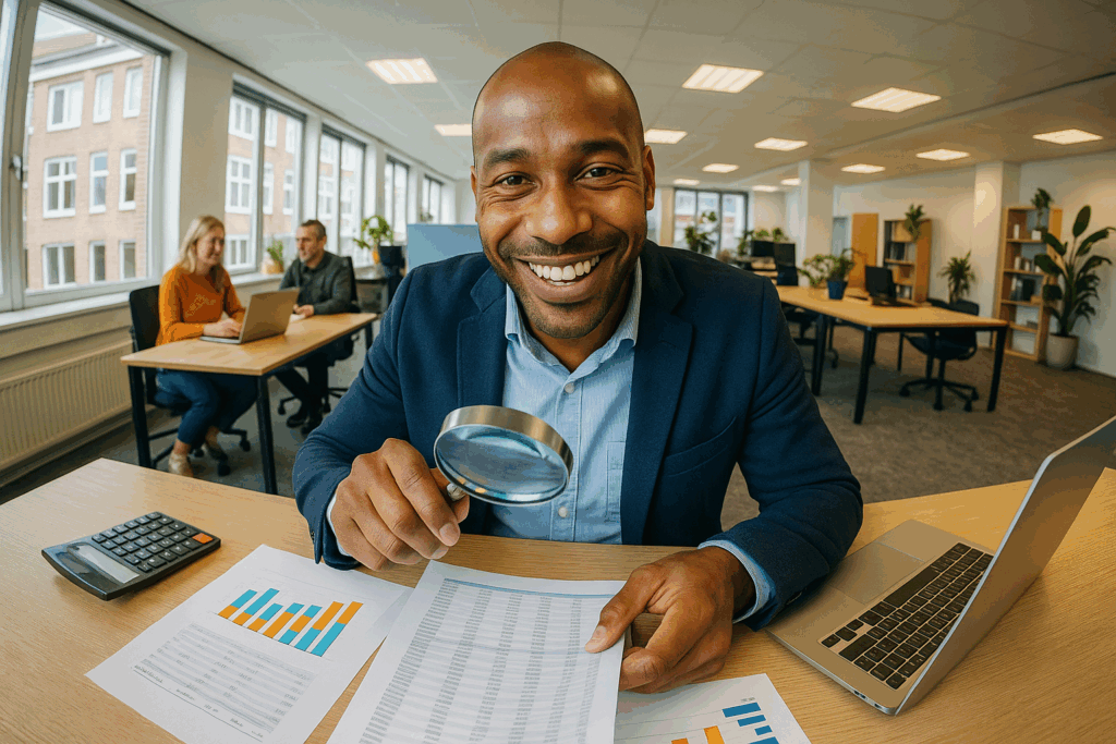 Vacature RvT - Man op kantoor met een vergrootglas en financiële documenten