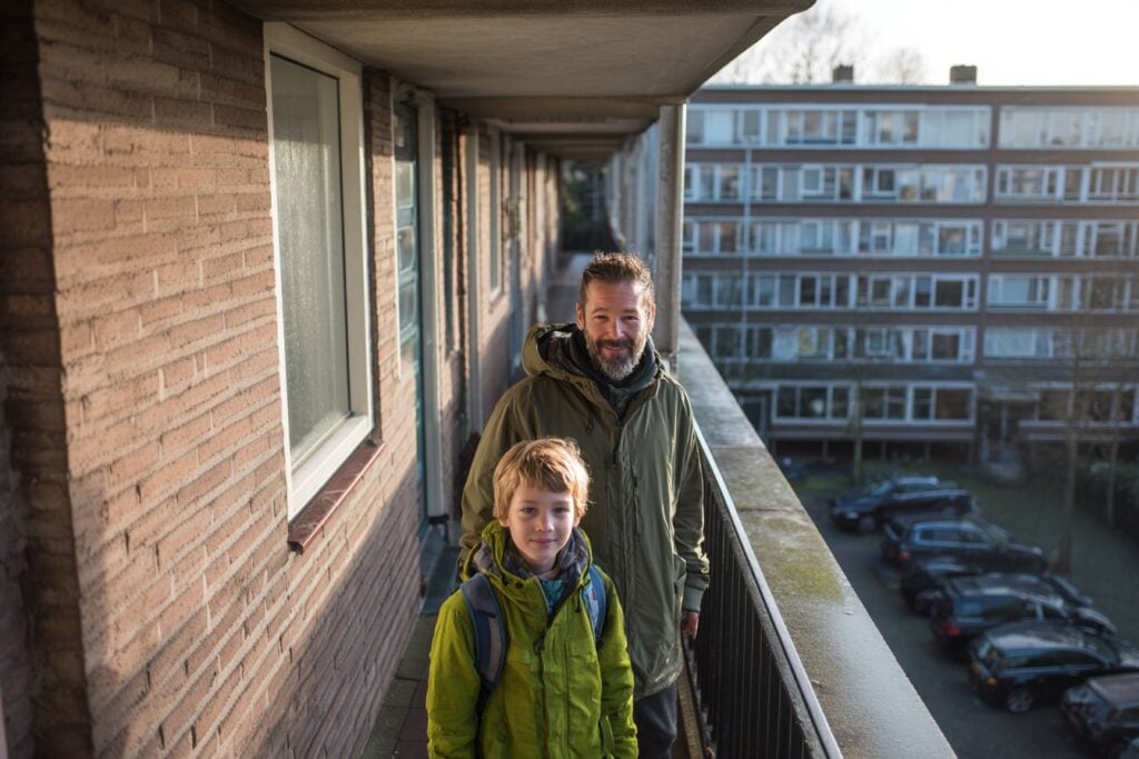 Vader en zoon op galerij van galerijflat