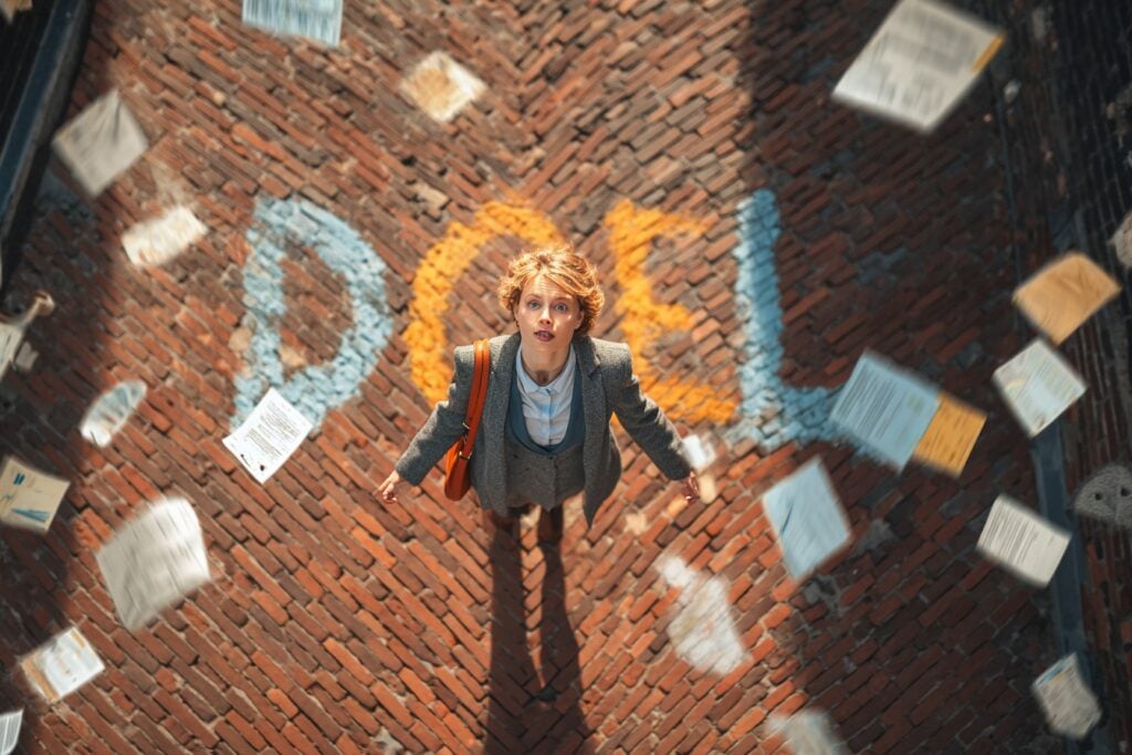 Vrouwelijke professional staat op een straat boven het met krijt geschreven woord DOEL, terwijl documenten en papieren met regels om haar heen vliegen