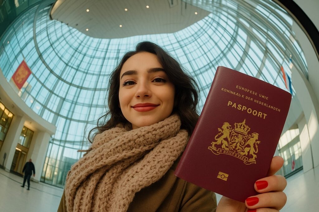Vrouw met een Nederlands paspoort in haar hand