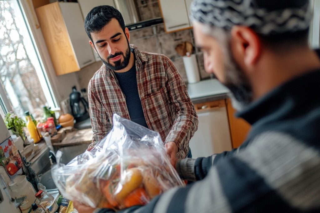 een man krijgt boodschappen van zijn broer in de keuken - gift, middelen