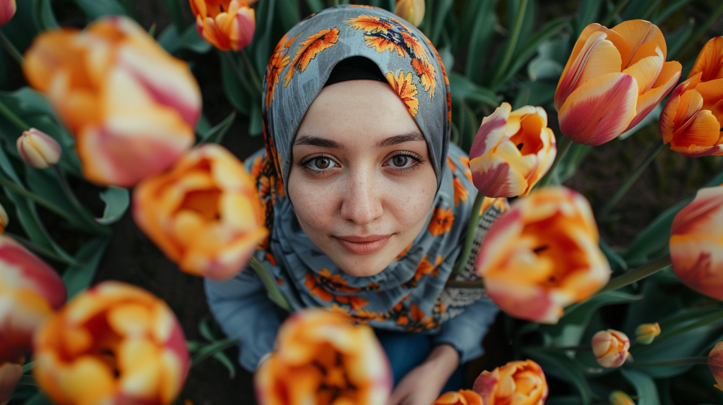 Vrouw met hoofddoek tussen tulpen
