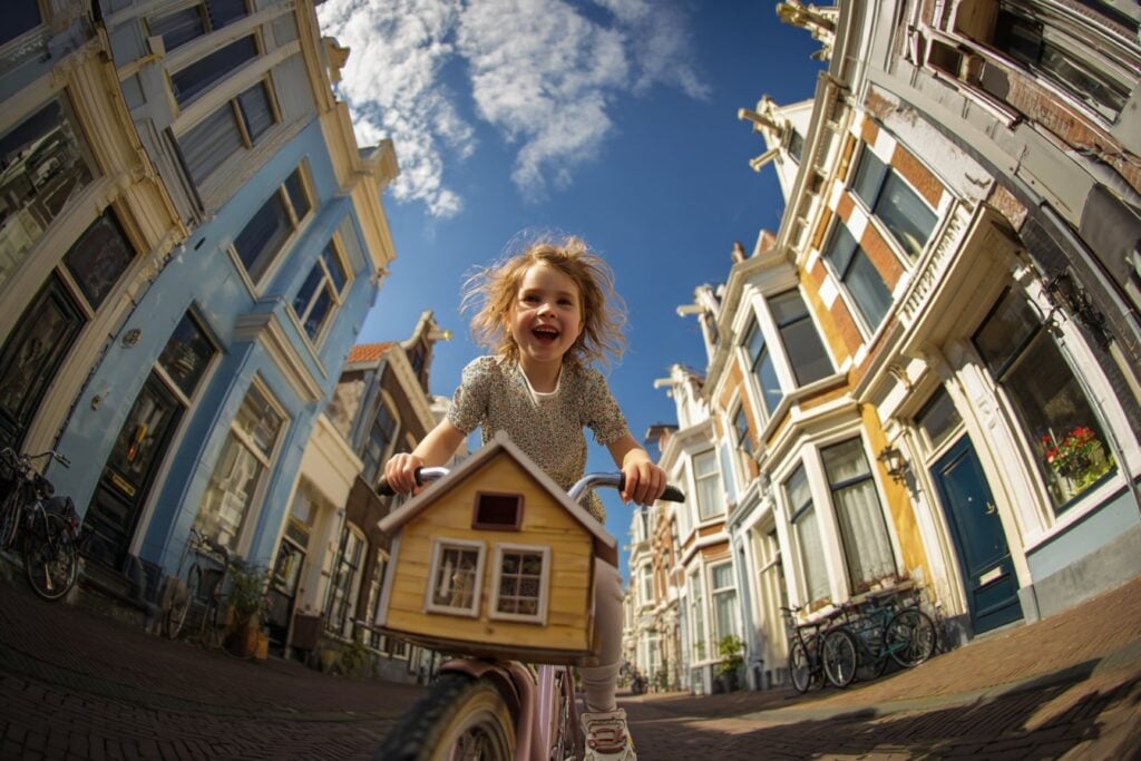 jeugdwet meisje fiets poppenhuis blij buiten