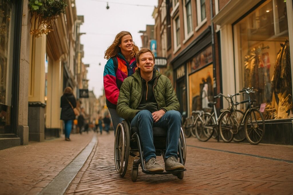 man in rolstoel met vrouw in de stad, winkelen
