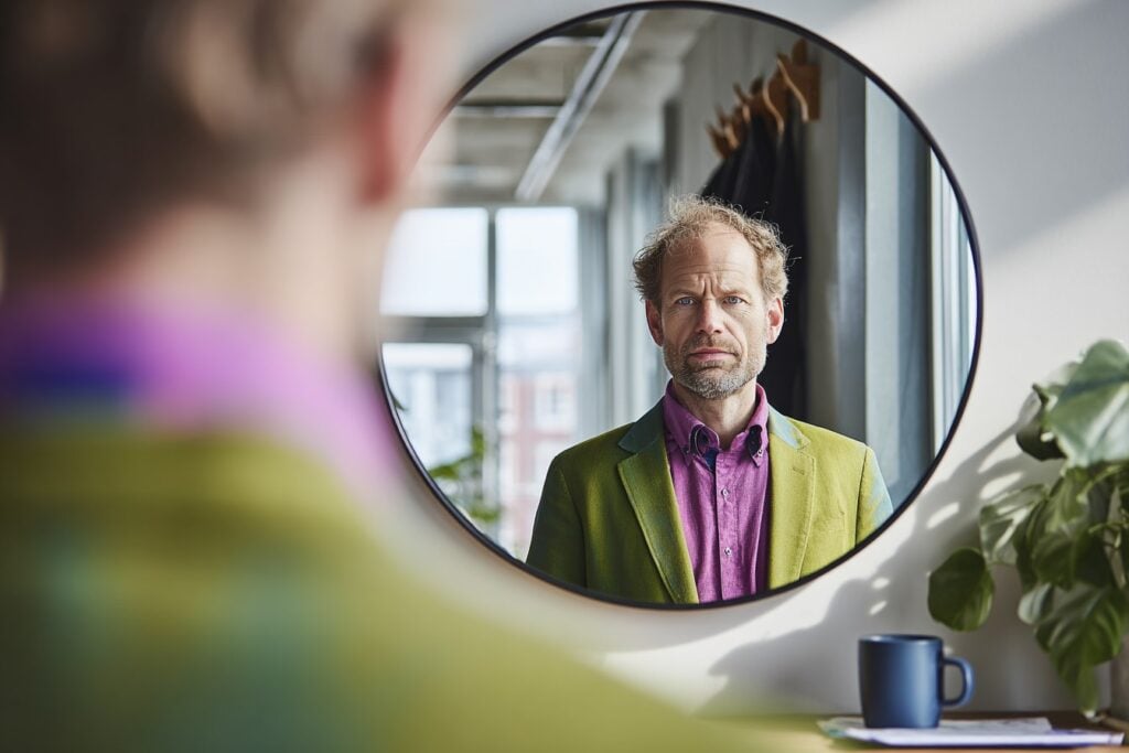 man kijkt in spiegel, kritisch kijken naar eigen gedrag, zelfreflectie