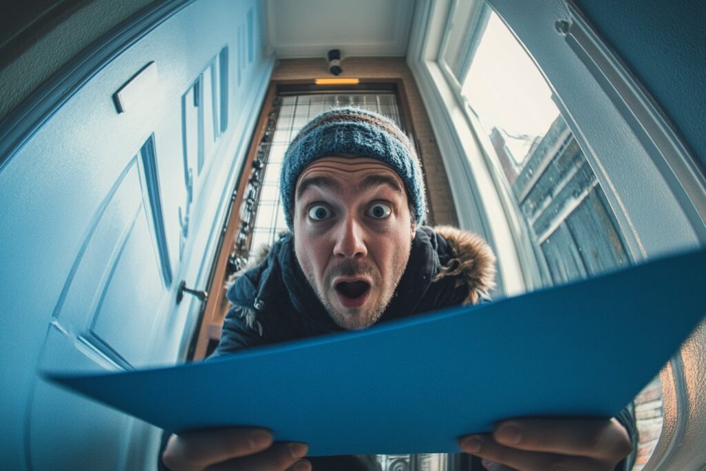 man schrikt paniek van grote blauwe belastingdienst enveloppe belasting betalen