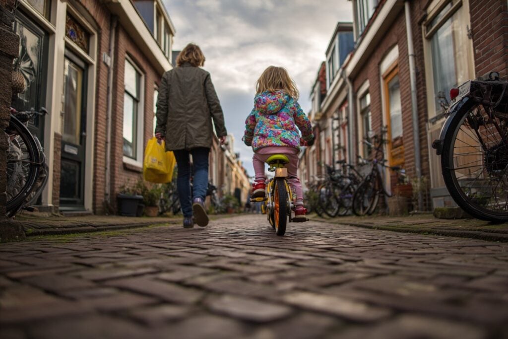 moeder en dochter op straat met boodschappen