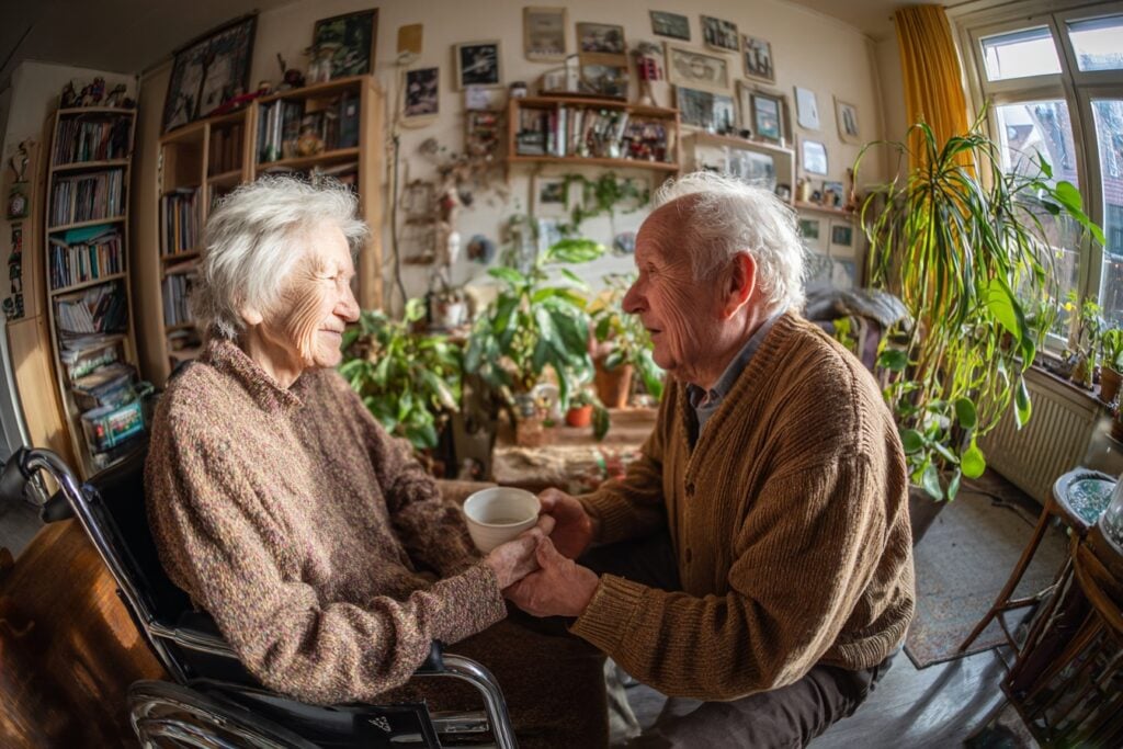 ouder echtpaar, vrouw krijgt koffie van man, mantelzorg, gebruikelijke hulp