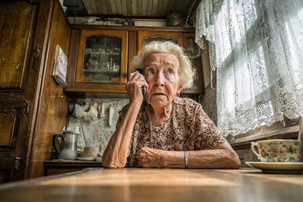 oudere vrouw aan de telefoon, paniek, angst, hulp nodig
