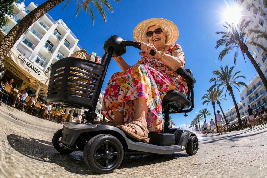 oudere vrouw op vakantie met haar scootmobiel