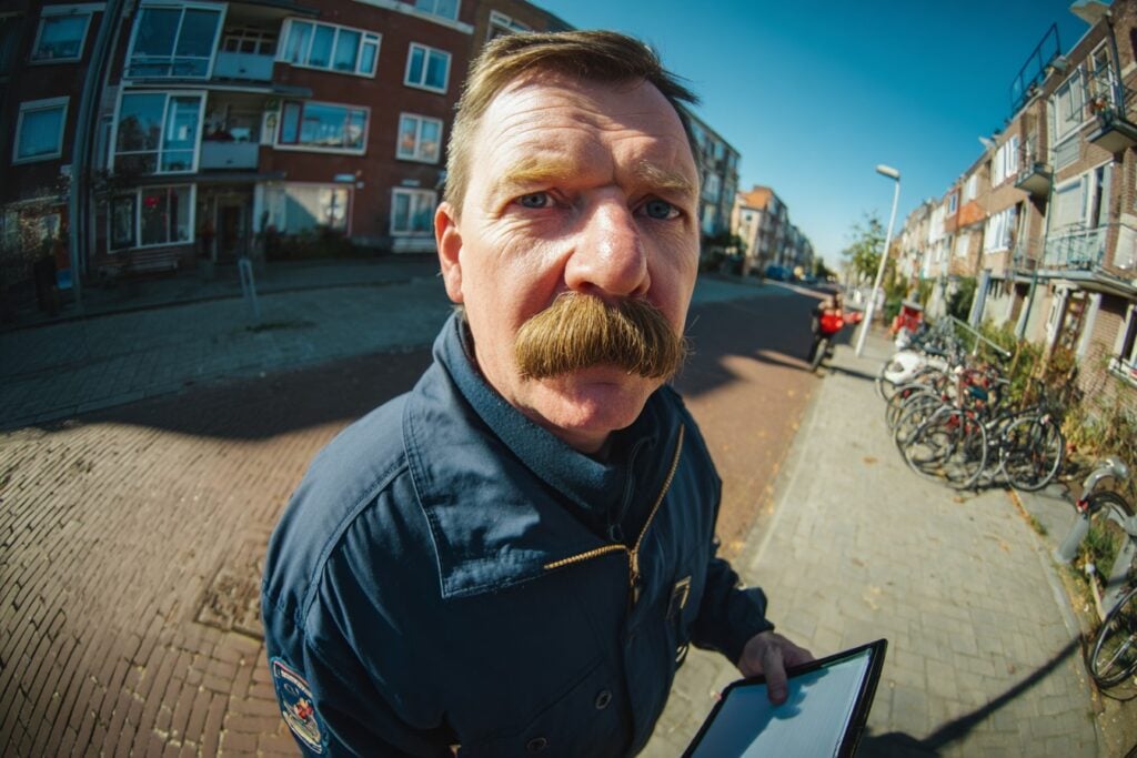 ouderwetse handhaver met snor loopt door wijk met tablet