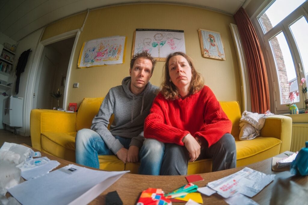 vader en moeder tijdens gesprek op de bank, hulpvraag, opvoeden, schulden