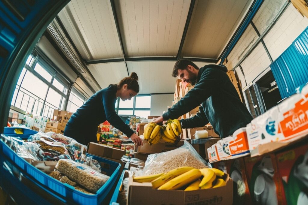 voedselbank twee mensen verdelen eten bananen over kratten