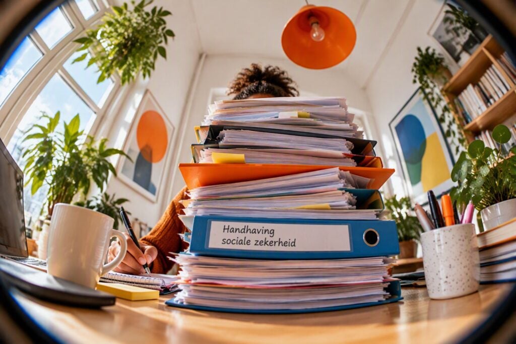 vrouw aan het werk, papier, mappen, handhaving sociale zekerheid
