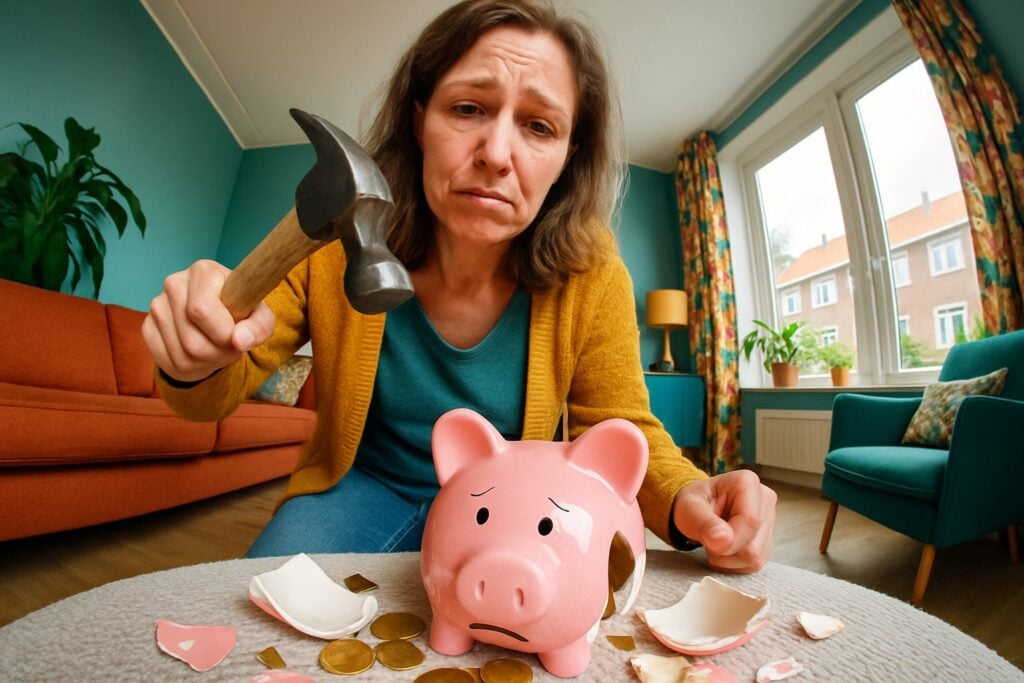 vrouw met geldproblemen slaat spaarvarken stuk laatste spaargeld