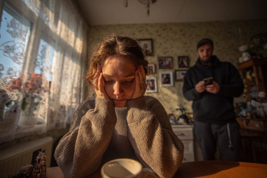 vrouw verdrietig aan tafel, man op telefoon filmt