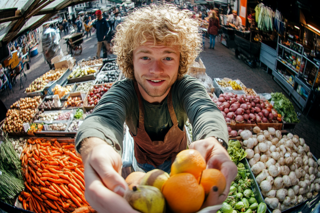 Man met fruit in handen
