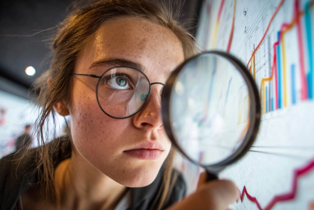 young woman graphs magnifying glass glasses insight